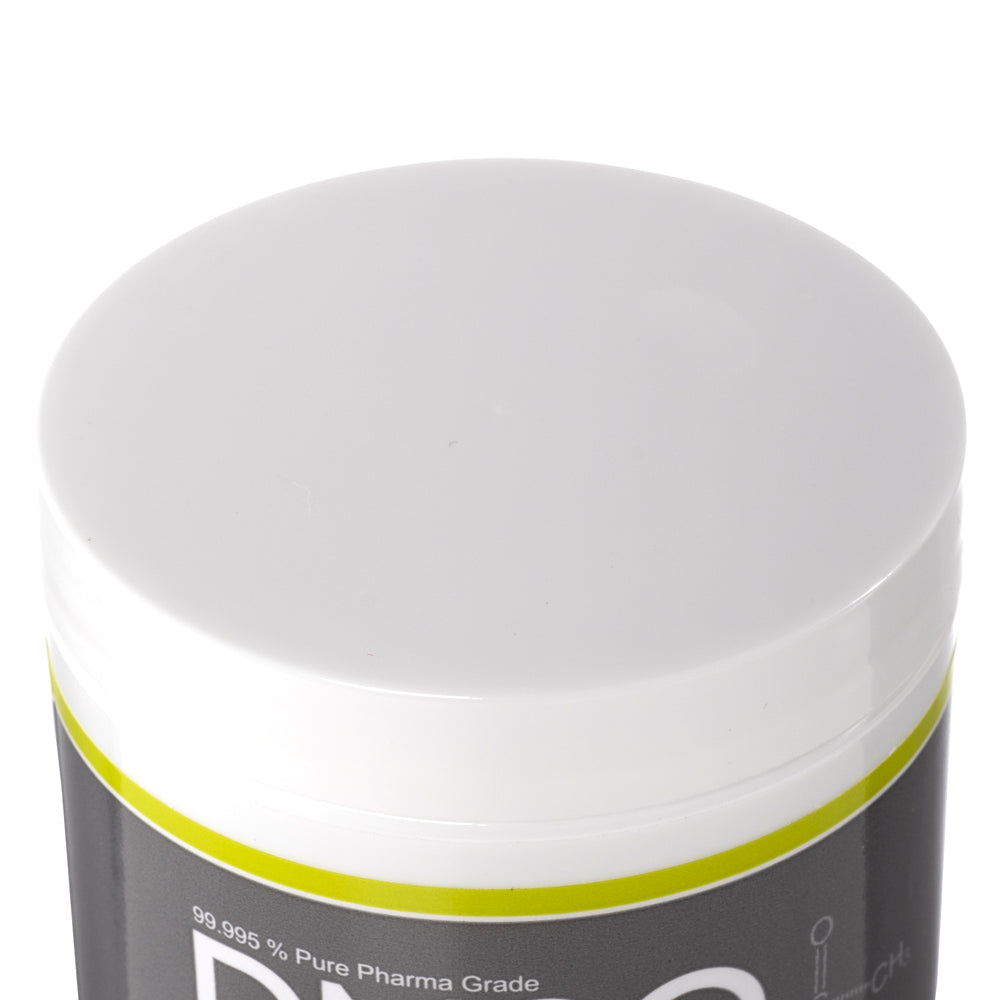 DMSO-gel-99.995-pure-dimethyl-sulfoxide-acne-pain-lid. Close up of twist off white cap on 4oz white jar of DMSO medi gel.