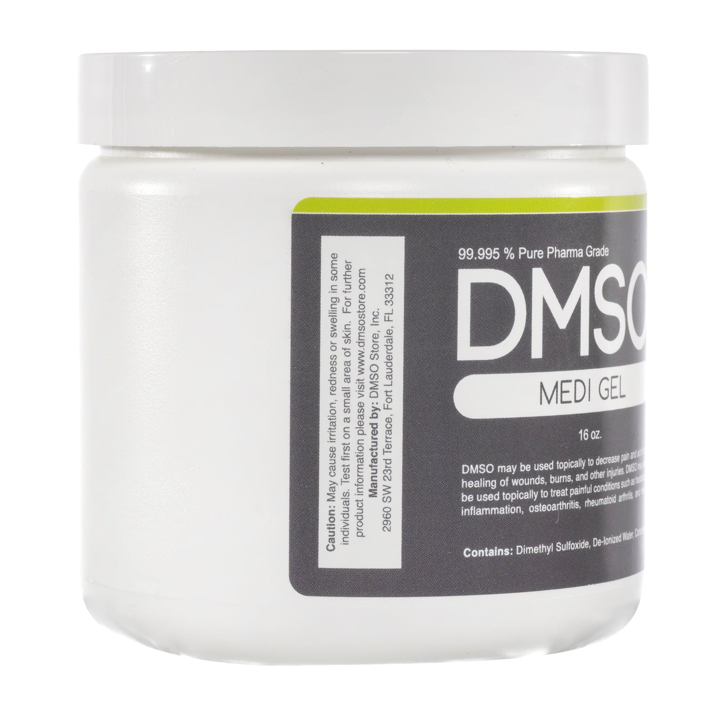 DMSO-gel-99.995-pure-dimethyl-sulfoxide-anti-inflammatory-pain-16-oz-sideview. Side view of a White 16 oz jar with white twist on lid. Label reads 99.995% Pure pharma grade DMSO Medi Gel 16 oz. DMSO may be used topically to decrease pain and aid in the healing of wounds,burns and other injuries. DMSO may also be used topically to treat painful conditions such as headache,inflammation, osteoarthritis, rheumatoid arthritis and more. Contains: Dimethyl Sulfoxide, De-Ionized water, Carbomer