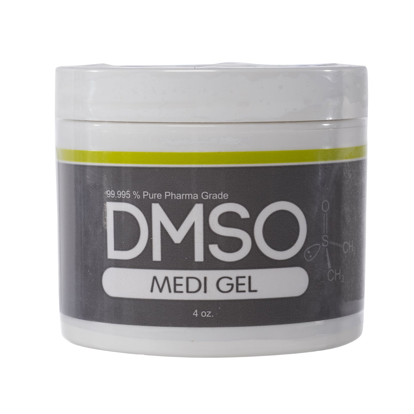 DMSO-gel-99.995-pure-dimethyl-sulfoxide-arthritis-pain-Sealed. White 4 oz jar with white twist on lid. Label reads 99.995% Pure pharma grade DMSO Medi Gel 4 oz