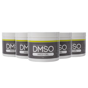 DMSO-gel-99.995-pure-dimethyl-sulfoxide-back-pain-relief-pain-4-oz-5-pack. 5 White 4 oz jars with white twist on lid. Label reads 99.995% Pure pharma grade DMSO Medi Gel 4 oz