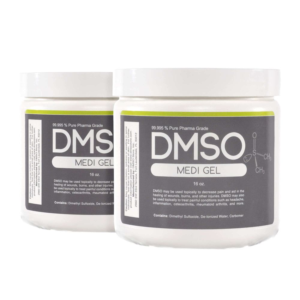 DMSO-gel-99.995-pure-dimethyl-sulfoxide-best-organic-pain-16-oz-2-pack. White 16 oz jar with white twist on lid. Label reads 99.995% Pure pharma grade DMSO Medi Gel 16 oz. DMSO may be used topically to decrease pain and aid in the healing of wounds,burns and other injuries. DMSO may also be used topically to treat painful conditions such as headache,inflammation, osteoarthritis, rheumatoid arthritis and more. Contains: Dimethyl Sulfoxide, De-Ionized water, Carbomer.