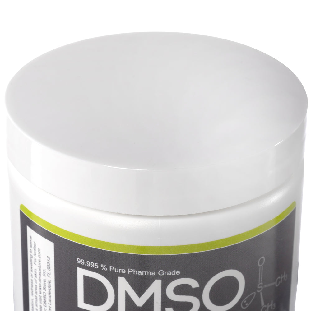 DMSO-gel-99.995-pure-dimethyl-sulfoxide-best-store-pain-16-oz-lid. Close up of twist off white cap on 4oz white jar of DMSO medi gel.