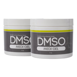 DMSO-gel-99.995-pure-dimethyl-sulfoxide-arthritis-pain-Sealed. Two White 4 oz jar with white twist on lid. Label reads 99.995% Pure pharma grade DMSO Medi Gel 4 oz
