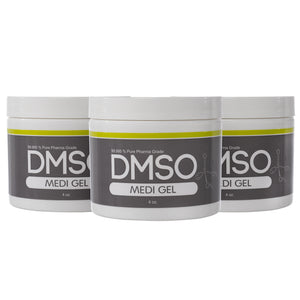    DMSO-gel-99.995-pure-dimethyl-sulfoxide-buy-store-pain-4-oz-3-pack.3 White 4 oz jars with white twist on lid. Label reads 99.995% Pure pharma grade DMSO Medi Gel 4 oz