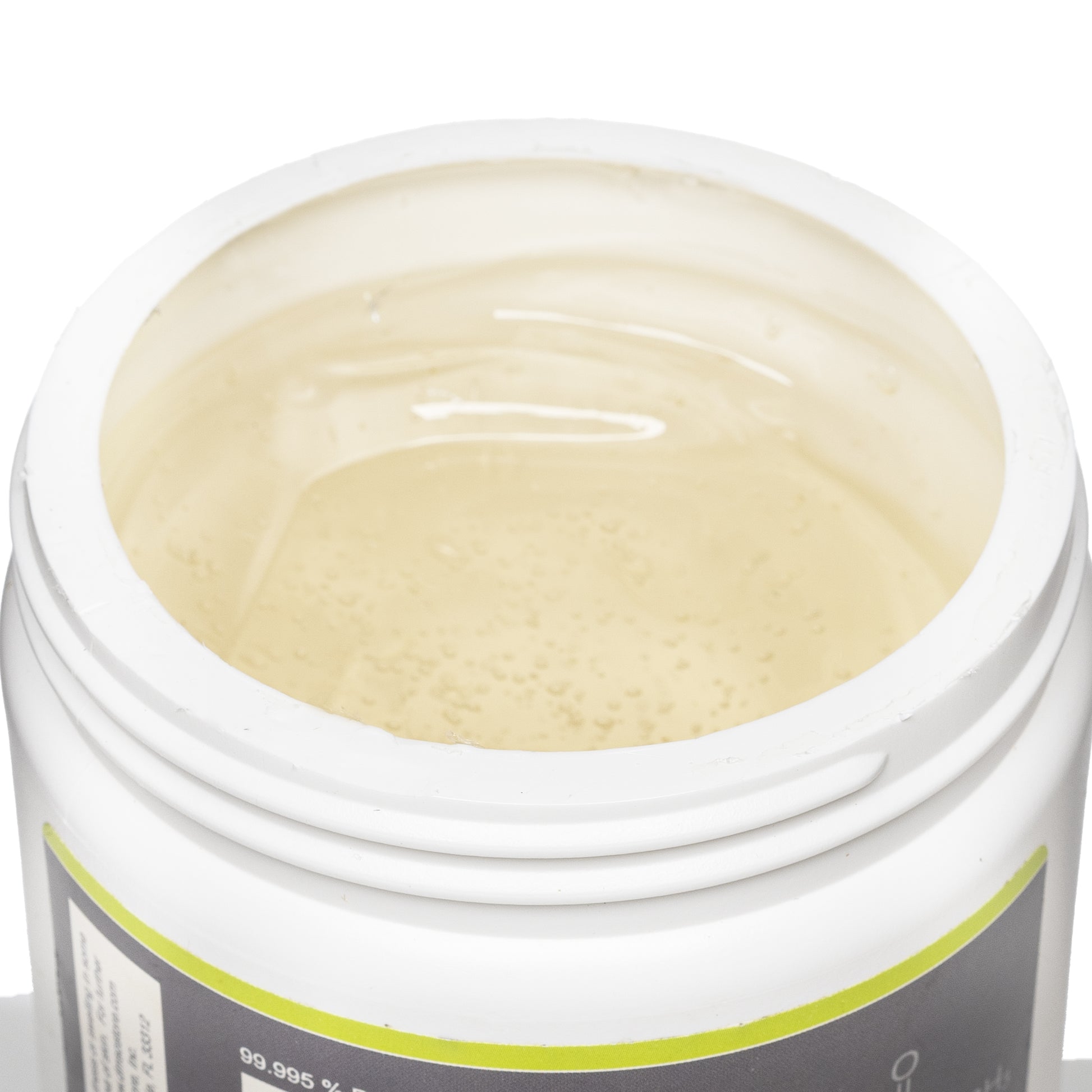 DMSO-gel-99.995-pure-dimethyl-sulfoxide-knee-pain-jar-opened. Opened view of the 16 oz medi gel jar. Contents revealed is the medi gel product.