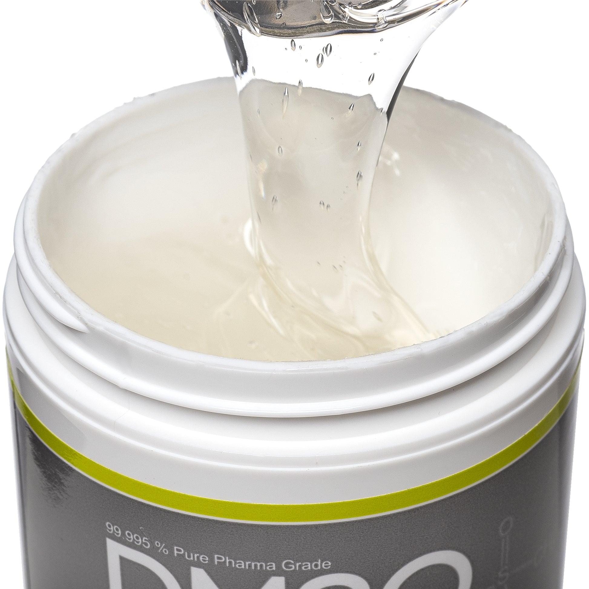 DMSO-gel-99.995-pure-dimethyl-sulfoxide-muscle-pain-closeup. Opened view of the 4 oz medi gel jar. Contents revealed is the medi gel product. Product is being scooped upwards with a spoon to show consistency.