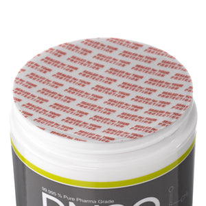DMSO-gel-99.995-pure-dimethyl-sulfoxide-natural-pain-4-oz-sealed. Close up of protective seal that contains the contents of the jar underneath the cap. Seal reads "sealed for your protection"