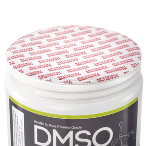 DMSO-gel-99.995-pure-dimethyl-sulfoxide-pain-reliever-16-oz-sealed. Close up of protective seal that contains the contents of the jar underneath the cap. Seal reads "sealed for your protection"