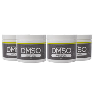 DMSO-gel-99.995-pure-dimethyl-sulfoxide-pharma-grade-pain-4-oz-4-pack. 4 White 4 oz jars with white twist on lid. Label reads 99.995% Pure pharma grade DMSO Medi Gel 4 oz