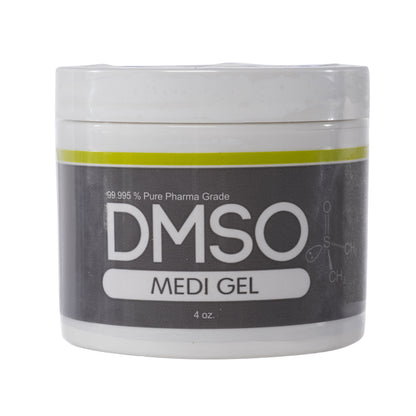 White 4 oz jar with white twist on lid. Label reads 99.995% Pure pharma grade DMSO Medi Gel 4 oz