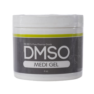 White 4 oz jar with white twist on lid. Label reads 99.995% Pure pharma grade DMSO Medi Gel 4 oz