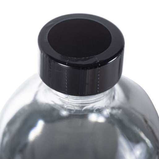 DMSO-liquid-99.995-8oz.-cap-buy-dmso-joint-pain-dimethyl-sulfoxide-natural. Close up of black twist off cap that is attached to the 8 oz glass bottle of DMSO.