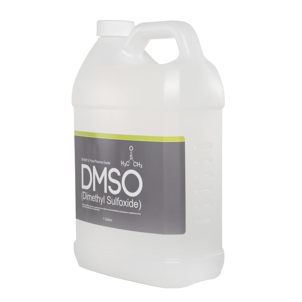 DMSO-liquid-99.995-best-pharma-grade-gallon-plastic-sideview-dimethyl-sulfoxide.  Plastic gallon jug with white twist on cap. Label reads 99.995% Pure Pharma Grade DMSO (Dimethyl Sulfoxide) 1 gallon. Side view of bottle.