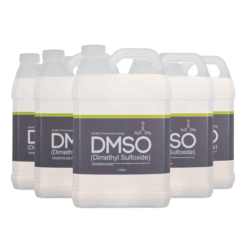 DMSO-liquid-99.995-bulk-chemical-solvent-5-gallon-plastic-non-diluted-dimethyl-sulfoxide. Plastic gallon jugs with white twist on cap. Label reads 99.995% Pure Pharma Grade DMSO (Dimethyl Sulfoxide) 1 gallon. Front view of bottle.