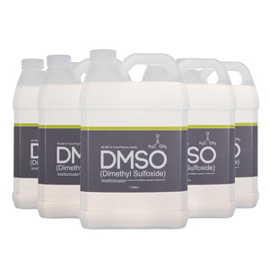DMSO-liquid-99.995-bulk-chemical-solvent-5-gallon-plastic-non-diluted-dimethyl-sulfoxide. Plastic gallon jugs with white twist on cap. Label reads 99.995% Pure Pharma Grade DMSO (Dimethyl Sulfoxide) 1 gallon. Front view of bottle.