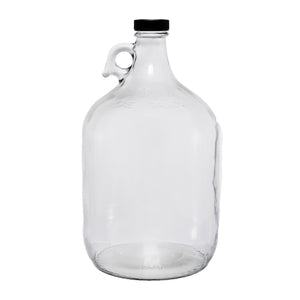 one gallon glass jug with handle. Black twist on cap attached to the jug. 