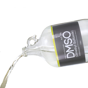 one gallon glass jug with handle being poured out. Label reads 99.995% Pure pharma Grade DMSO (Dimethyl Sulfoxide) 1 Gallon.