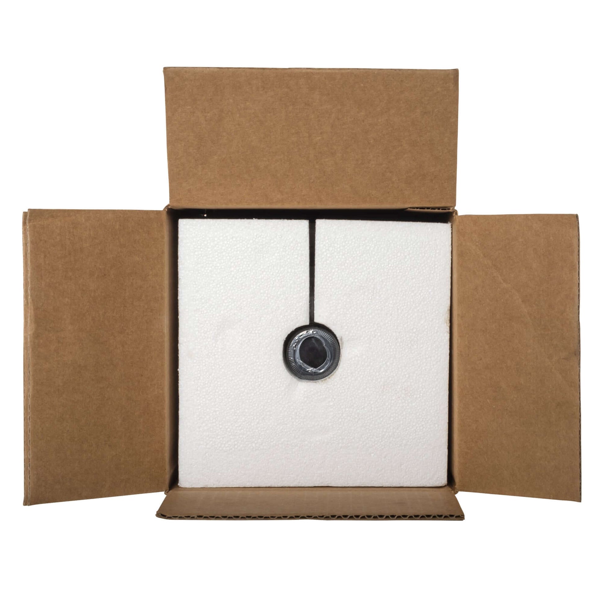 DMSO-liquid-99.995-gallon-packaging-arthritis-relief-1-dimethyl-sulfoxide. brown box laid on it side with front open view visible. Cap is visible with foam insert surrounding it to show packaging. Flaps of box are opened to revel contents of the box.