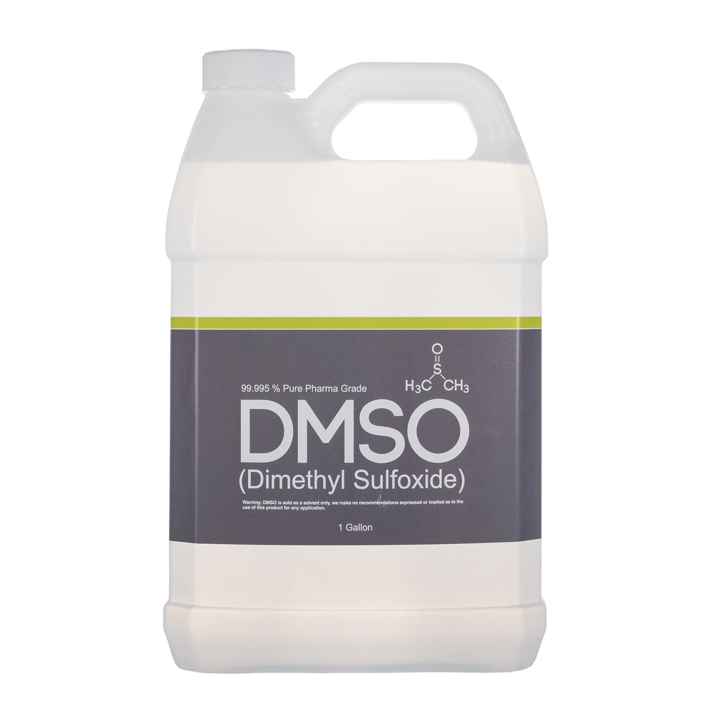 Plastic gallon jug with white twist on cap. Label reads 99.995% Pure Pharma Grade DMSO (Dimethyl Sulfoxide) 1 gallon. 