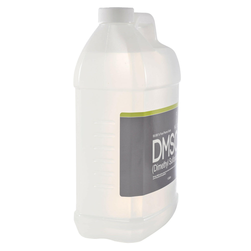 Plastic gallon jug with white twist on cap. Label reads 99.995% Pure Pharma Grade DMSO (Dimethyl Sulfoxide) 1 gallon. Side view of bottle.