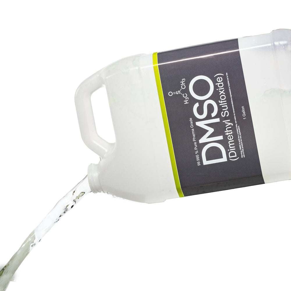 Plastic gallon jug. Label reads 99.995% Pure Pharma Grade DMSO (Dimethyl Sulfoxide) 1 gallon. Front view of bottle with liquid being poured out.