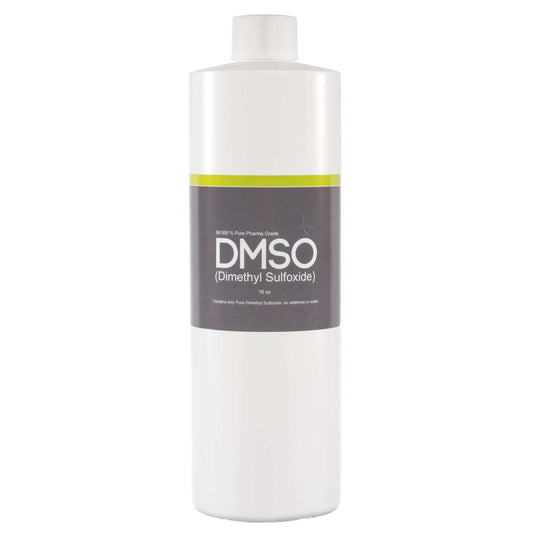 DMSO-liquid-99.995-pure-dimethyl-sulfoxide-natural-buy-pain-16oz. cylindrical 16 oz bottles with white caps attached. Label reads DMSO Dimethyl sulfoxide.