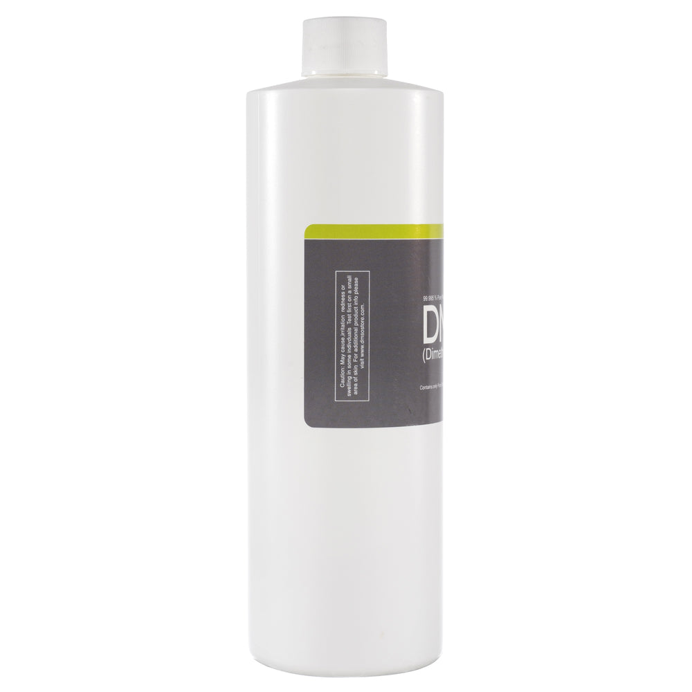 DMSO-liquid-99.995-pure-dimethyl-sulfoxide-natural-pharma-grade-16oz-sideview. Side view of a cylindrical 16 oz bottle with white cap attached. Label reads DMSO Dimethyl sulfoxide.