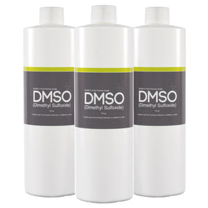 DMSO-liquid-99.995-pure-dimethyl-sulfoxide-non-diluted-best-natural-16oz-3-bottle. 3 cylindrical 16 oz bottles with white caps attached. Label reads DMSO Dimethyl sulfoxide.