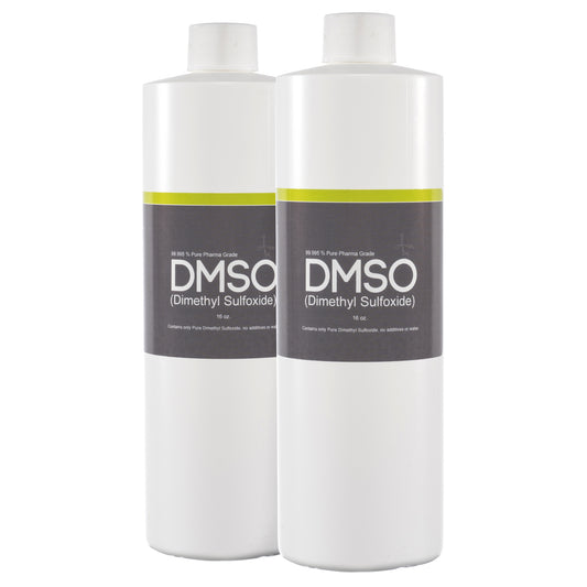 DMSO-liquid-99.995-pure-dimethyl-sulfoxide-non-diluted-organic-buy-near-me-16oz-2-bottle. 2 cylindrical 16 oz bottles with white caps attached. Label reads DMSO Dimethyl sulfoxide.