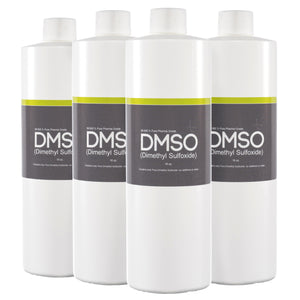 DMSO-liquid-99.995-pure-dimethyl-sulfoxide-pharma-grade-non-diluted-16oz-4-bottle. 4 cylindrical 16 oz bottles with white caps attached. Label reads DMSO Dimethyl sulfoxide.