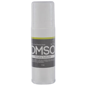 Small white cylindrical bottle with cap screwed on. Label reads "DMSO Dimethyl sulfoxide" 3 oz