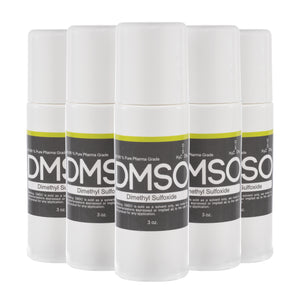 DMSO-roll-on-3-oz-natural-pain-relief-non-diluted-dimethyl-sulfoxide-5-pack. 5 Small white cylindrical bottles with cap screwed on. Label reads "DMSO Dimethyl sulfoxide" 3 oz