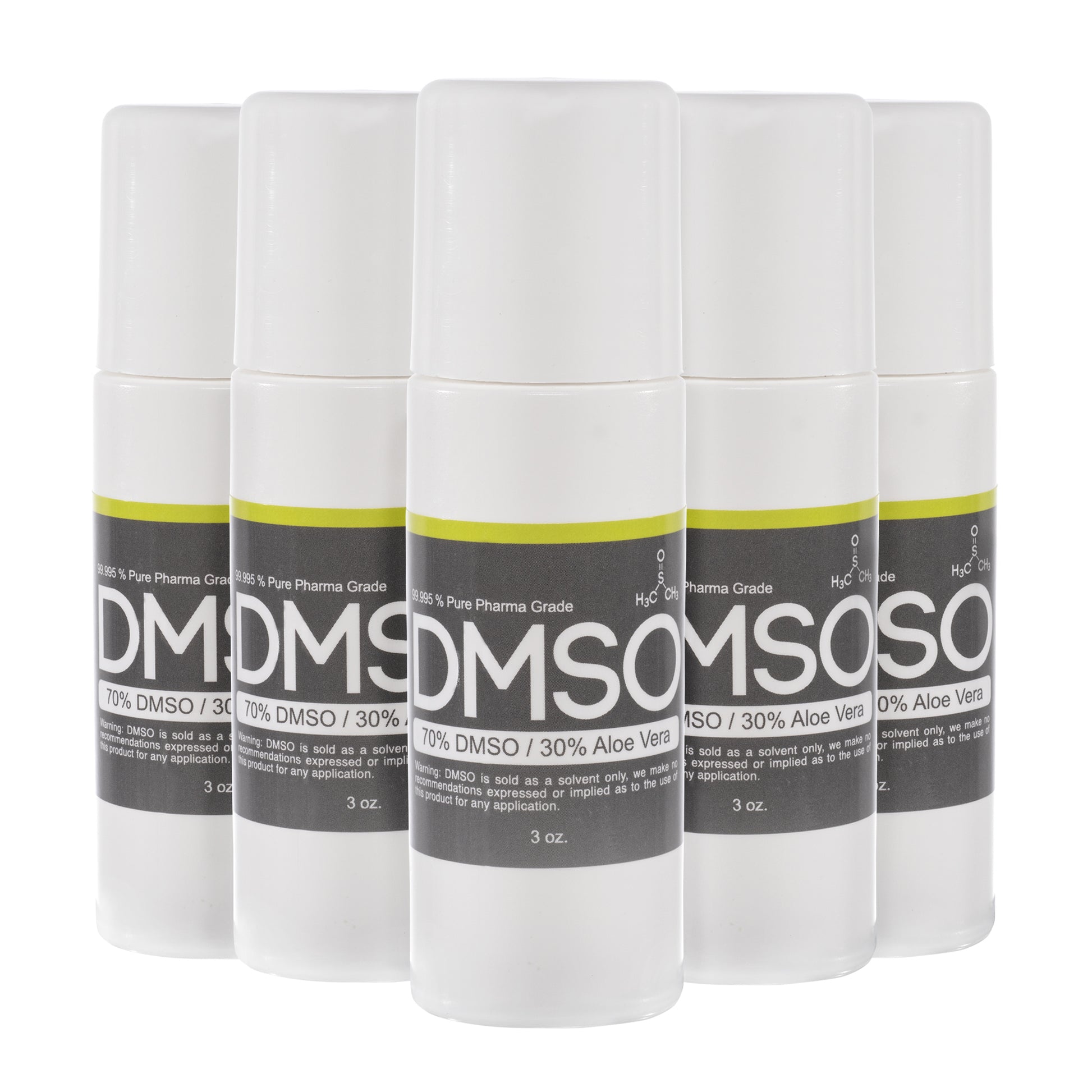 DMSO-roll-on-70-30-aloe-gel-pure-dimethyl-sulfoxide-best-joint-pain-relief-3-oz-5-pack. 5 Small white cylindrical bottles with cap screwed on. Label reads "DMSO 70% DMSO 30% Aloe Vera" 3 oz