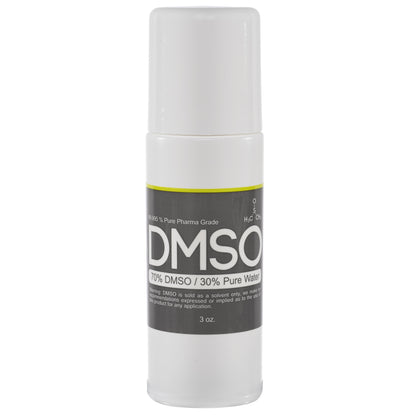 DMSO-roll-on-70-30-back-pain-3-oz-dimethyl-sulfoxide. Small white cylindrical bottle with cap screwed on. Label reads "DMSO 70% DMSO 30% Pure Water" 3 oz