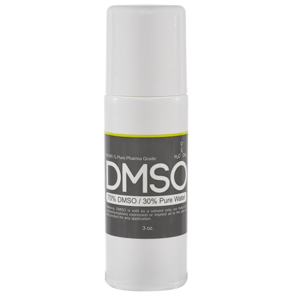 DMSO-roll-on-70-30-back-pain-3-oz-dimethyl-sulfoxide. Small white cylindrical bottle with cap screwed on. Label reads 