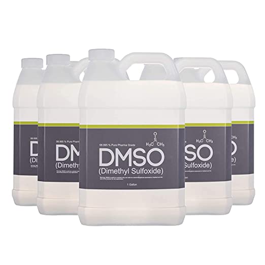 6 Plastic gallon jugs with white twist on cap. Label reads 99.995% Pure Pharma Grade DMSO (Dimethyl Sulfoxide) 1 gallon. Front view of bottle.