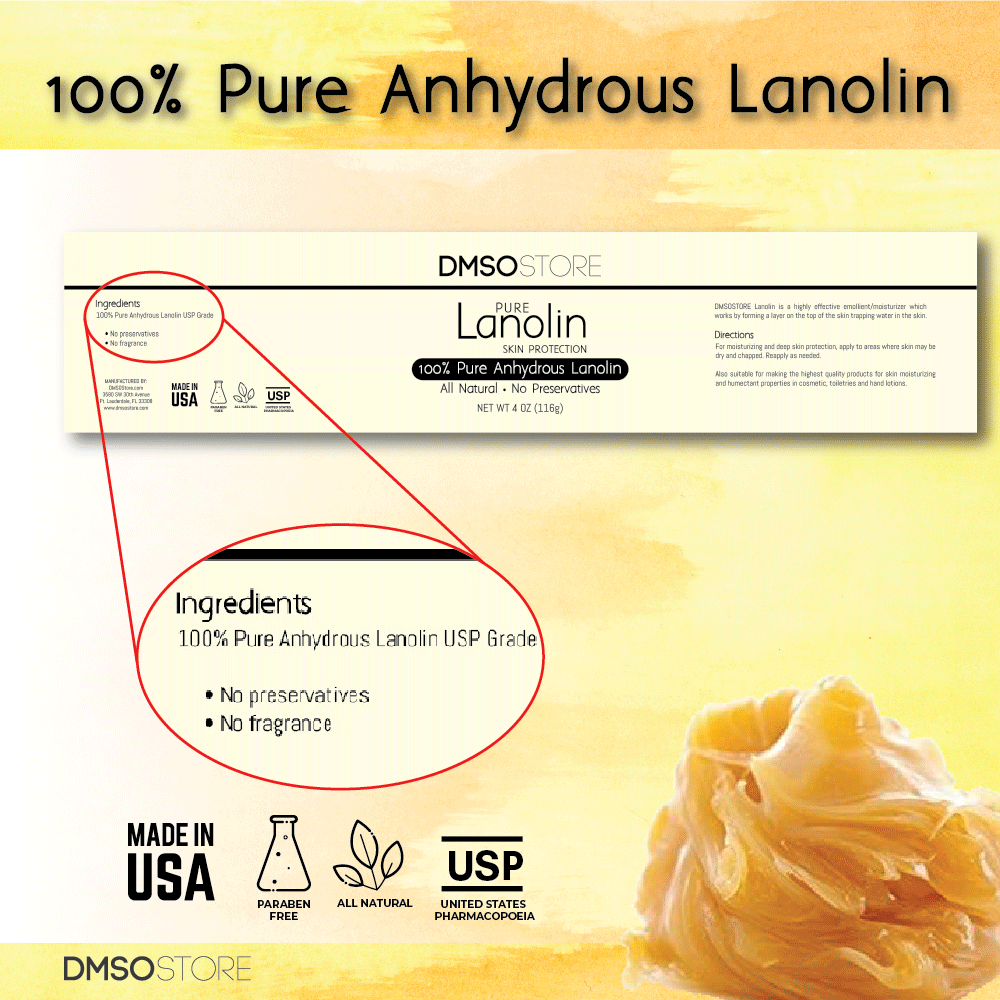 Informational card. Card reads: 100% Pure Anhydrous Lanolin. Ingredients: 100% Pure Anhydrous lanolin USP grade. No preservative, no fragrance. Made in USA. Paraben free. All natural. USP United States Pharmacopoeia