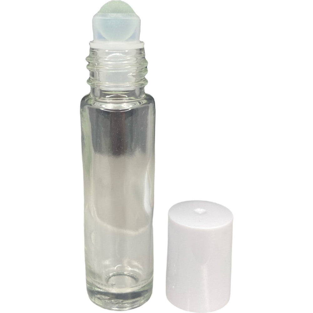 refillable 1.3 OZ glass roll-on kit with cylindrical glass bottle and glass ball attached. Contains plastic twist on cap to close. 