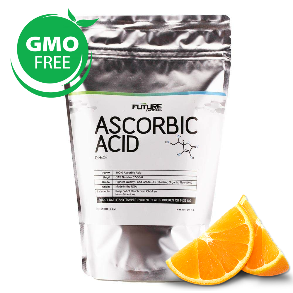 This bag is a silver Zip lock style bag that contains one pound of Ascorbic Acid. There is a label on it that reads: Ascorbic Acid C3H8O3. Purity 100% Ascorbic acid. Reg# CAS NUmber 57-55-6. Grade Highest quality Food Grade USP Kosher, organic, Non-GMO. Origin Made in the USA. Statements: Keep out of reach from children. Non-Hazardous. DO NOT USE IF ANY TAMPER EVIDENT SEAL IS BROKEN OR MISSING. dmsostore.com