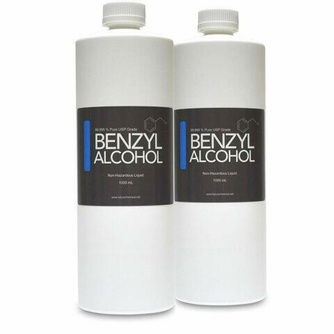 2 Clear plastic cylindrical bottles with a white plastic twist off cap. Label reads "Benzyl Alcohol non hazardous liquid"