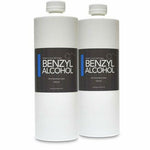 2 Clear plastic cylindrical bottles with a white plastic twist off cap. Label reads "Benzyl Alcohol non hazardous liquid"