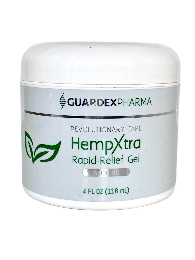 White jar with white lid. Label reads" Revolutionary care HempXtra rapid-relief gel 5,000 MG 4 fl oz "