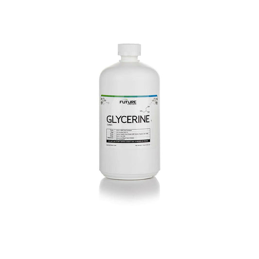 clear 32 oz bottle with white screw on lid. Label reads " glycerine"
