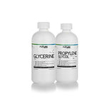 Two pint size clear bottles with white screw on cap. One bottle has a label that reads "G;ycerine". The other label reads "Propylene Glycol". 