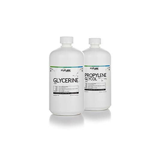 Two quart sized clear bottle with white screw on cap. The first bottle label reads "Glycerine". The second bottles label reads " Propylene glycol" 