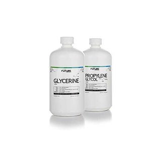 Two quart sized clear bottle with white screw on cap. The first bottle label reads "Glycerine". The second bottles label reads " Propylene glycol" 