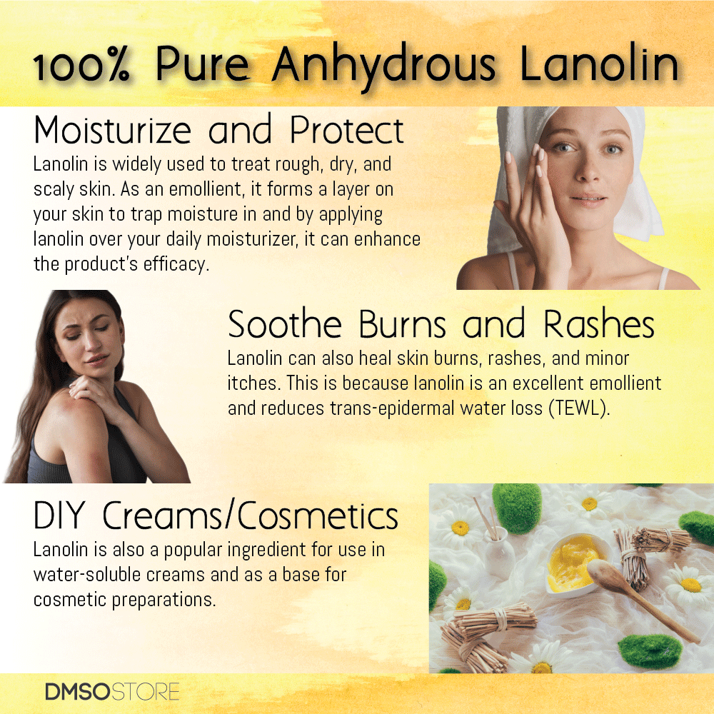 Moisturize and protect. Lanolin is widely used to treat rough, dry and scaly skin. As an emollient, it forms a layer on your skin to trap moisture, it can enhance the products efficacy. Soothe burns and rashes. Lanolin can also heal skin burns, rashes, and minor itches. This is because lanolin is an excellent emollient and reduces trans-epidural eater loss. DIY creams/cosmetics. Lanolin is also a popular ingredient for use in water-soluble creams and as a base for cosmetic preparations
