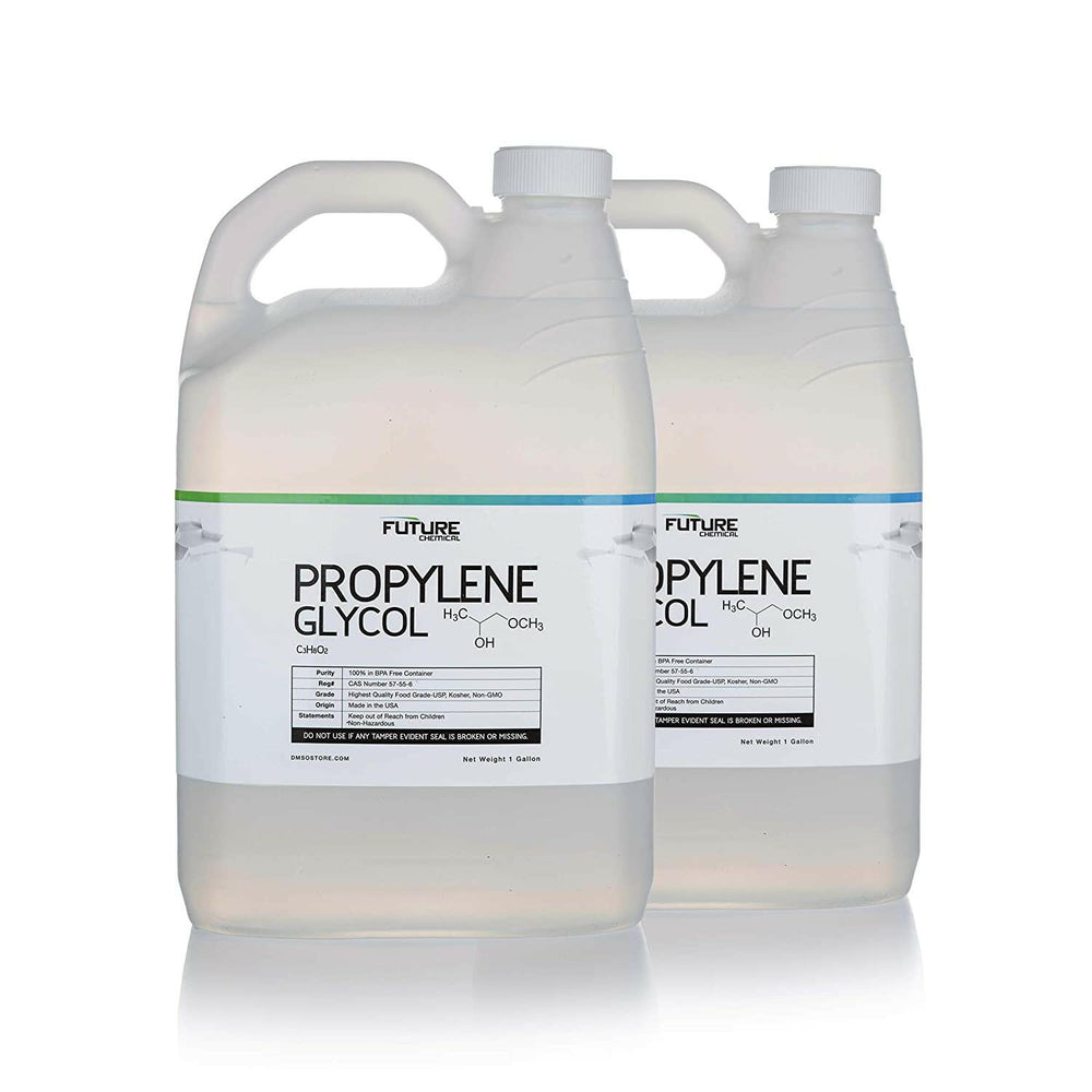 2 one gallon clear jugs with white screw on cap. Label reads :Propylene glycol